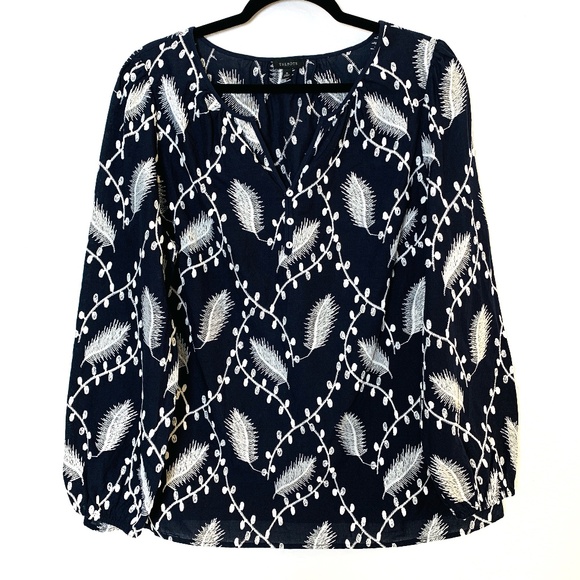 Talbots Embroidered Peasant Top XL Navy Blue Floral Leaves 100% Cotton Boho - Picture 1 of 12
